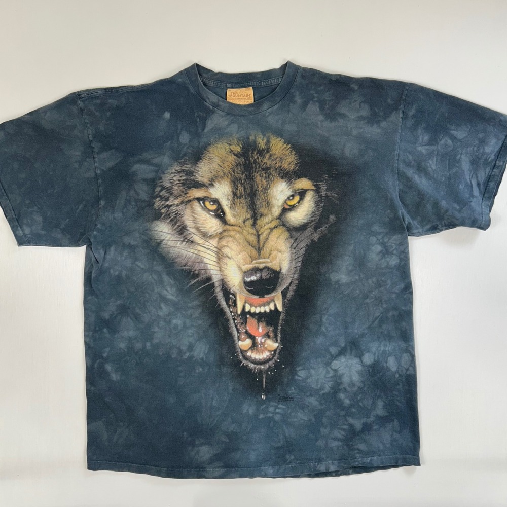 The Mountain Wolf Snarling Graphic Tie Dye T-Shirt Blue Grey XXL 100% Cotton